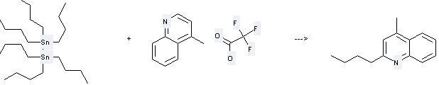 Distannane,1,1,1,2,2,2-hexabutyl- can react with 4-Methylquinoline trifluoroacetate to get 2-Butyl-4-methylquinoline.